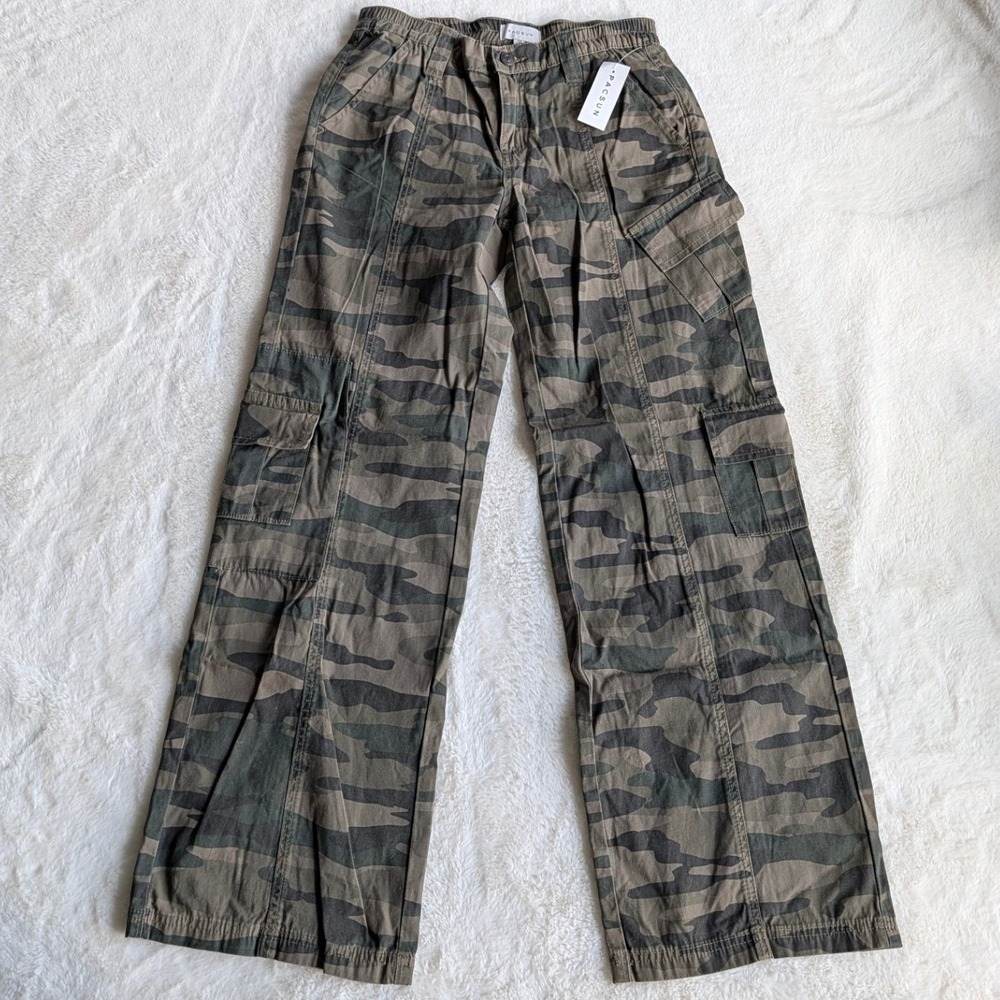 PacSun Womens Camo Cargo Pants XS Green Camouflage Wide Leg Cotton Utility